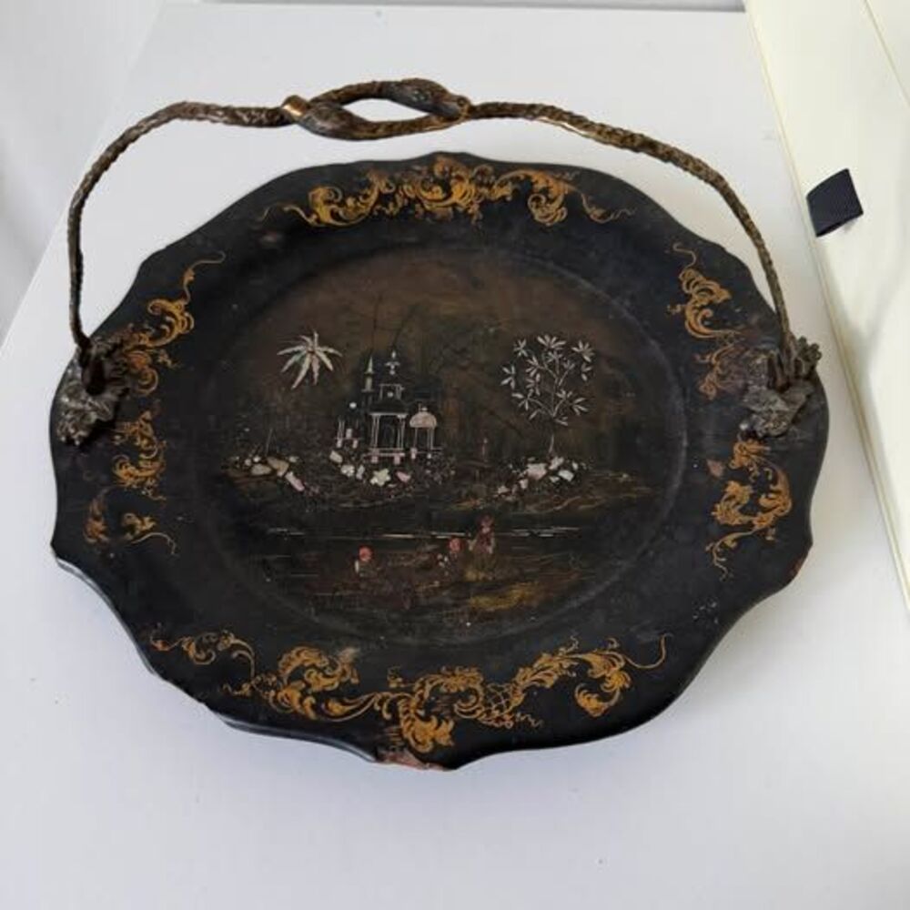 19th C. Victorian Papier-Mâché Tray – Mother of Pearl Inlay & Serpent Handle